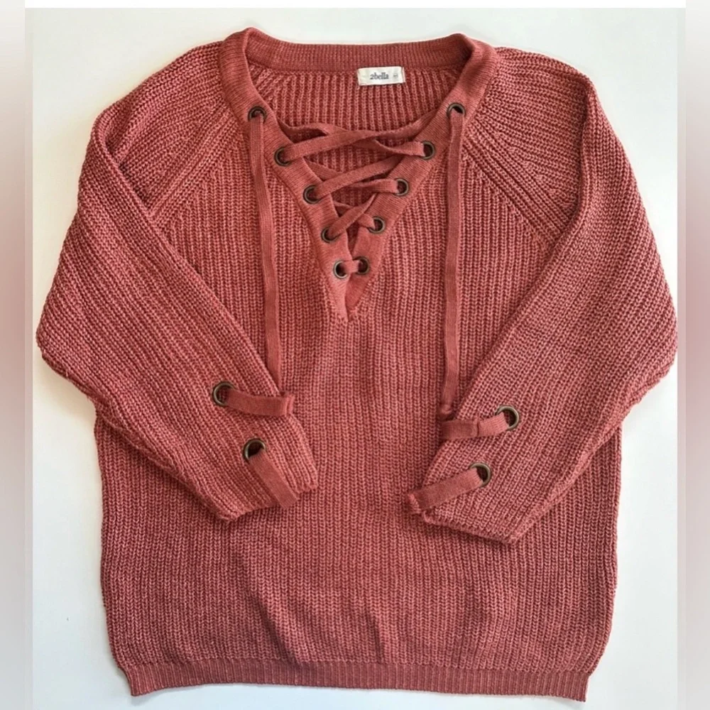 2Bella Oversized Rust/Burnt Orange Lace Up Knit Sweater